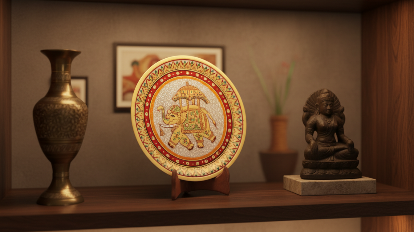 Rajasthani Marble Decorative Plate with Royal Elephant Painting