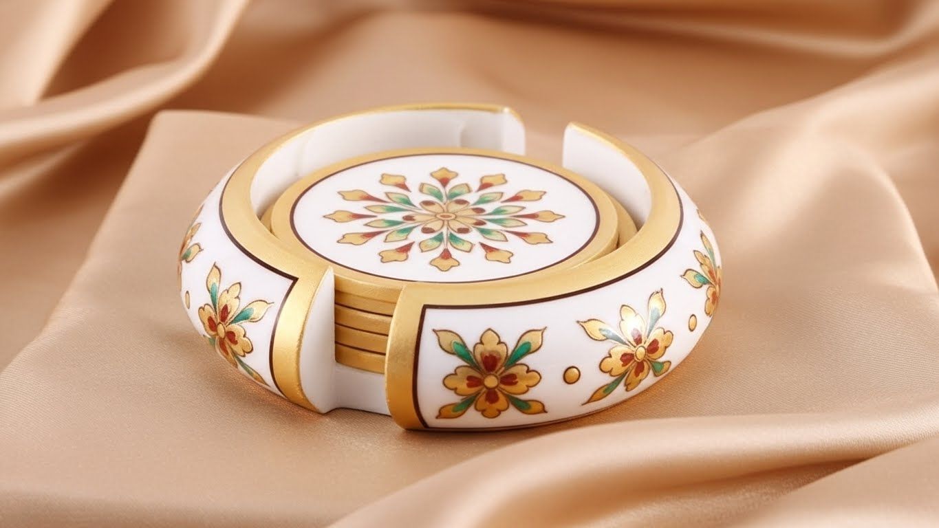 Hand-Painted Marble Floral Tea Coaster Set 2