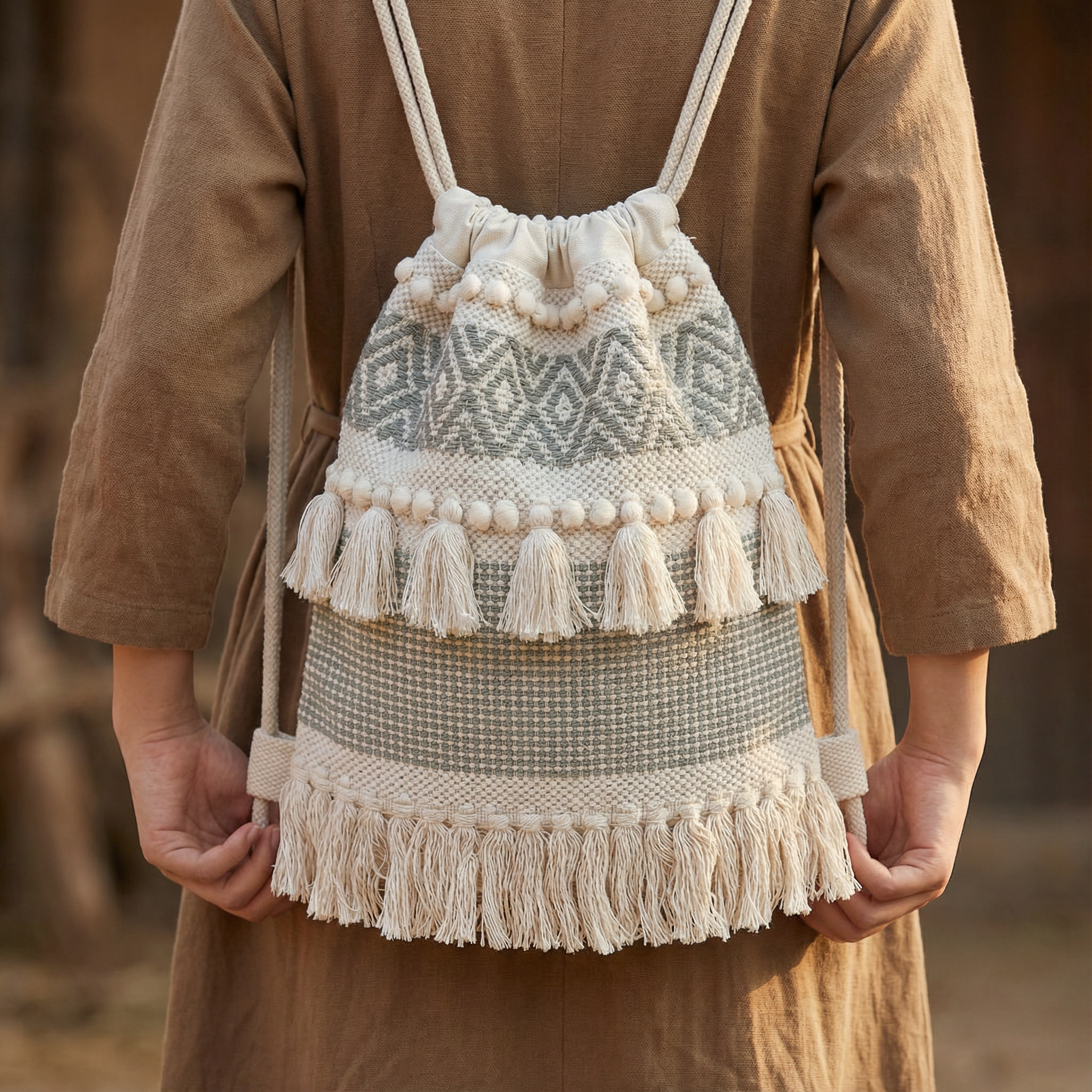 Sage Boho Fringe Backpack