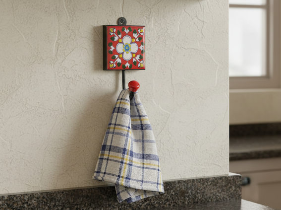Handcrafted Red Floral Ceramic Tile Wall Hook (Red) 2