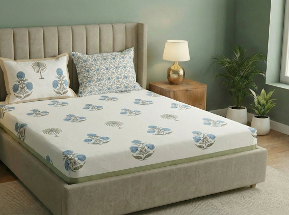 Blue Palm Paradise Hand block Bedsheet Set