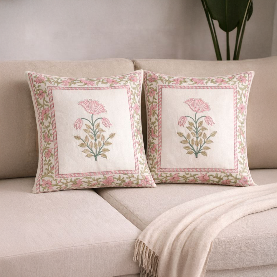 Blush Petal Hand Block Cushion Cover