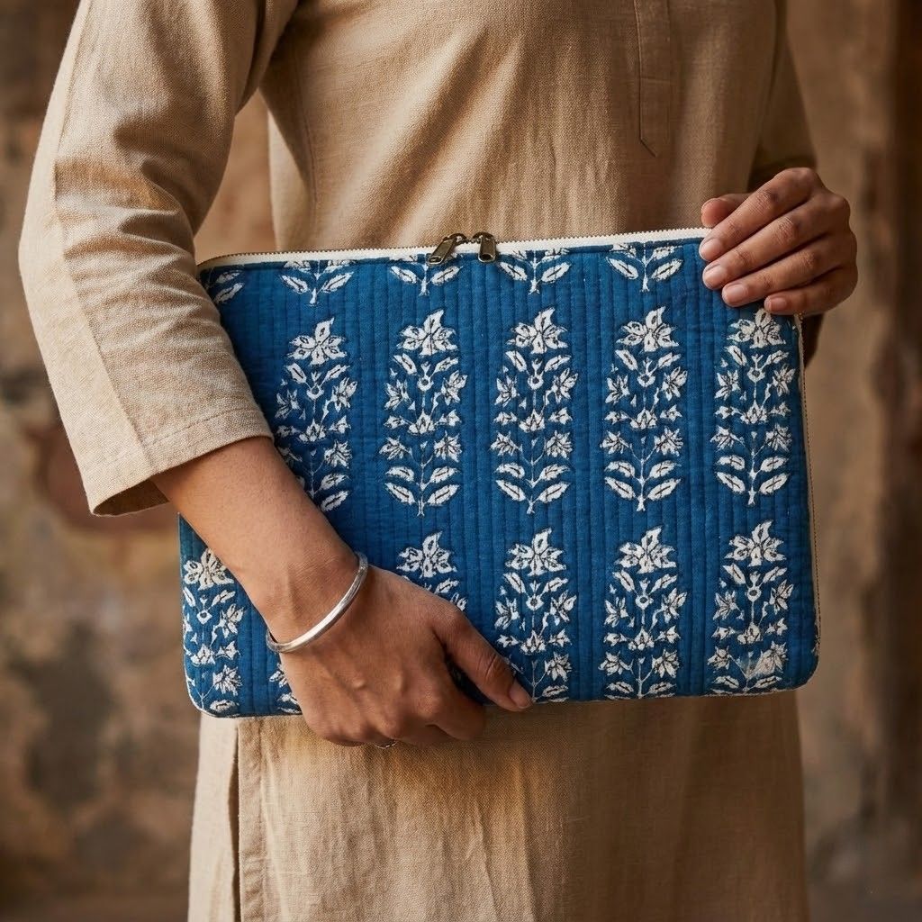 Geometric Blue Patterned Quilted Laptop Sleeve