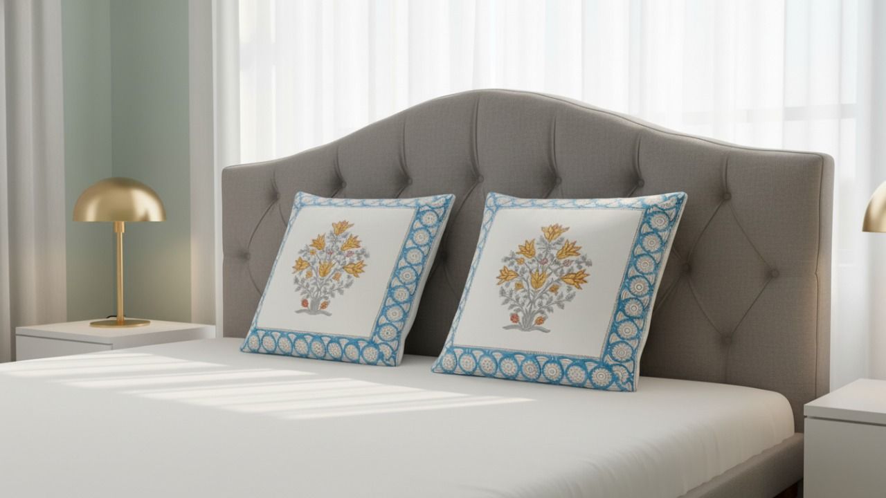 Golden Flora Hand Block Cushion Cover 3