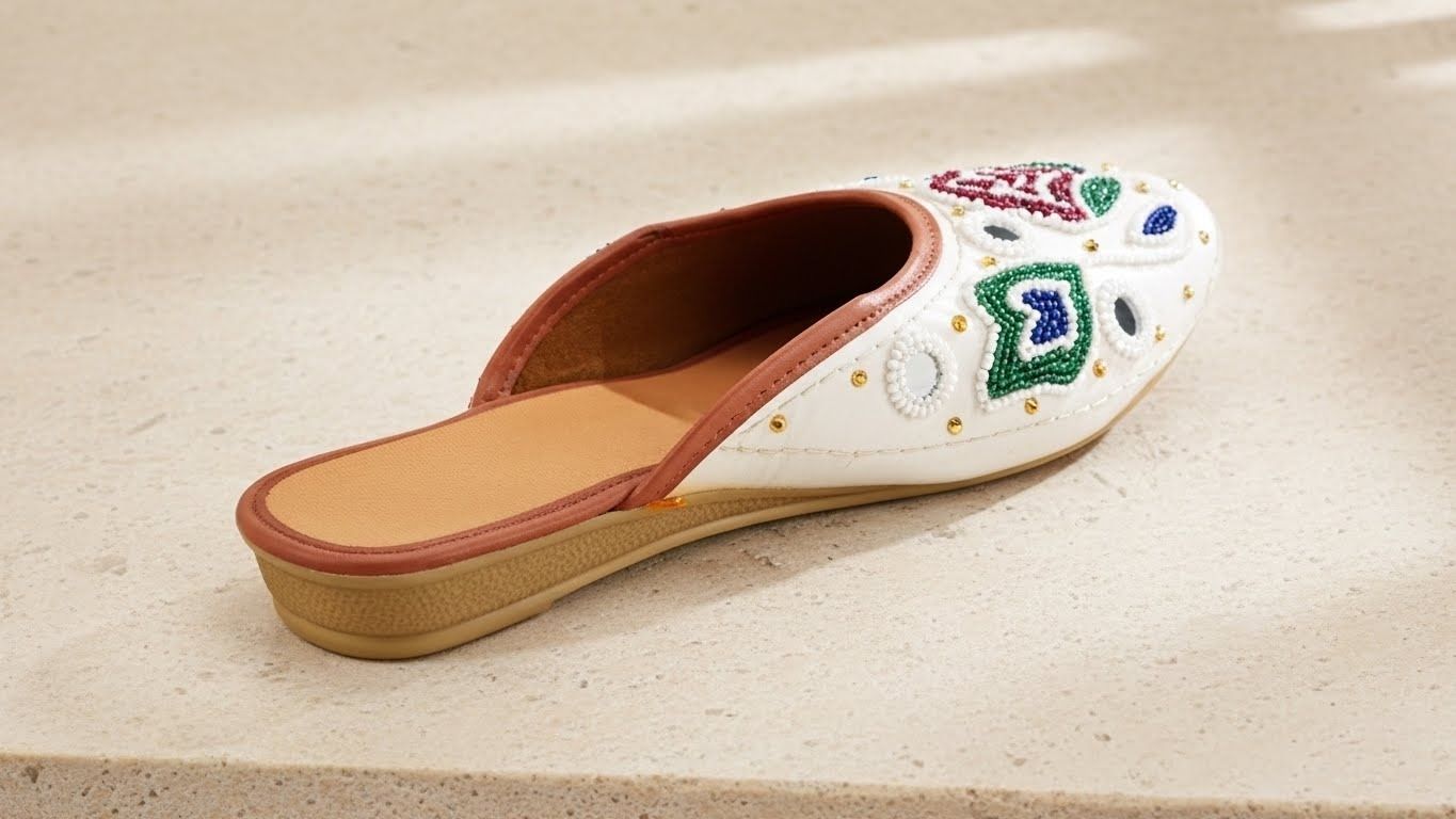  Handcrafted Beaded Mojari – White Floral Design  3