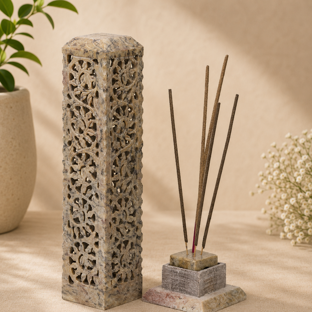  Hand-Carved Soapstone Tower Incense Holder