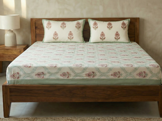 Blush Blossom Hand block Bedsheet Set 2