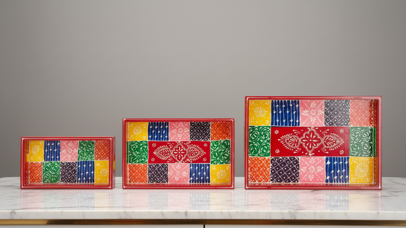 Hand-Painted Patchwork Wooden Tray Set- Red (Set of 3) 3