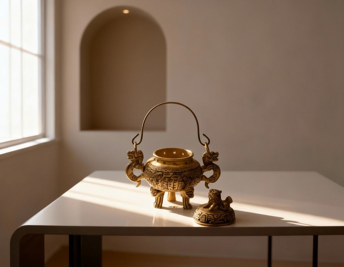 Antique Brass Feng Shui Incense Burner with Dragon Handles 4