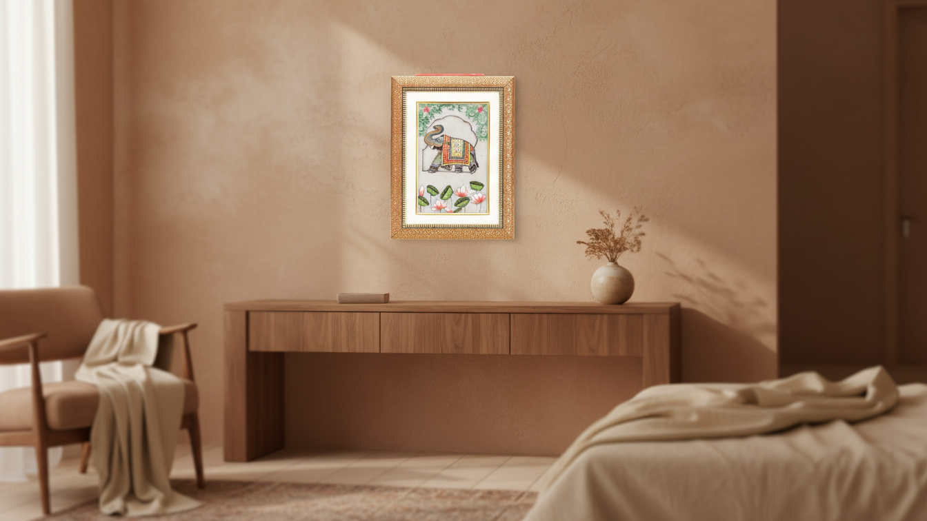 Royal Elephant Miniature Painting on Marble -Framed Art work 4