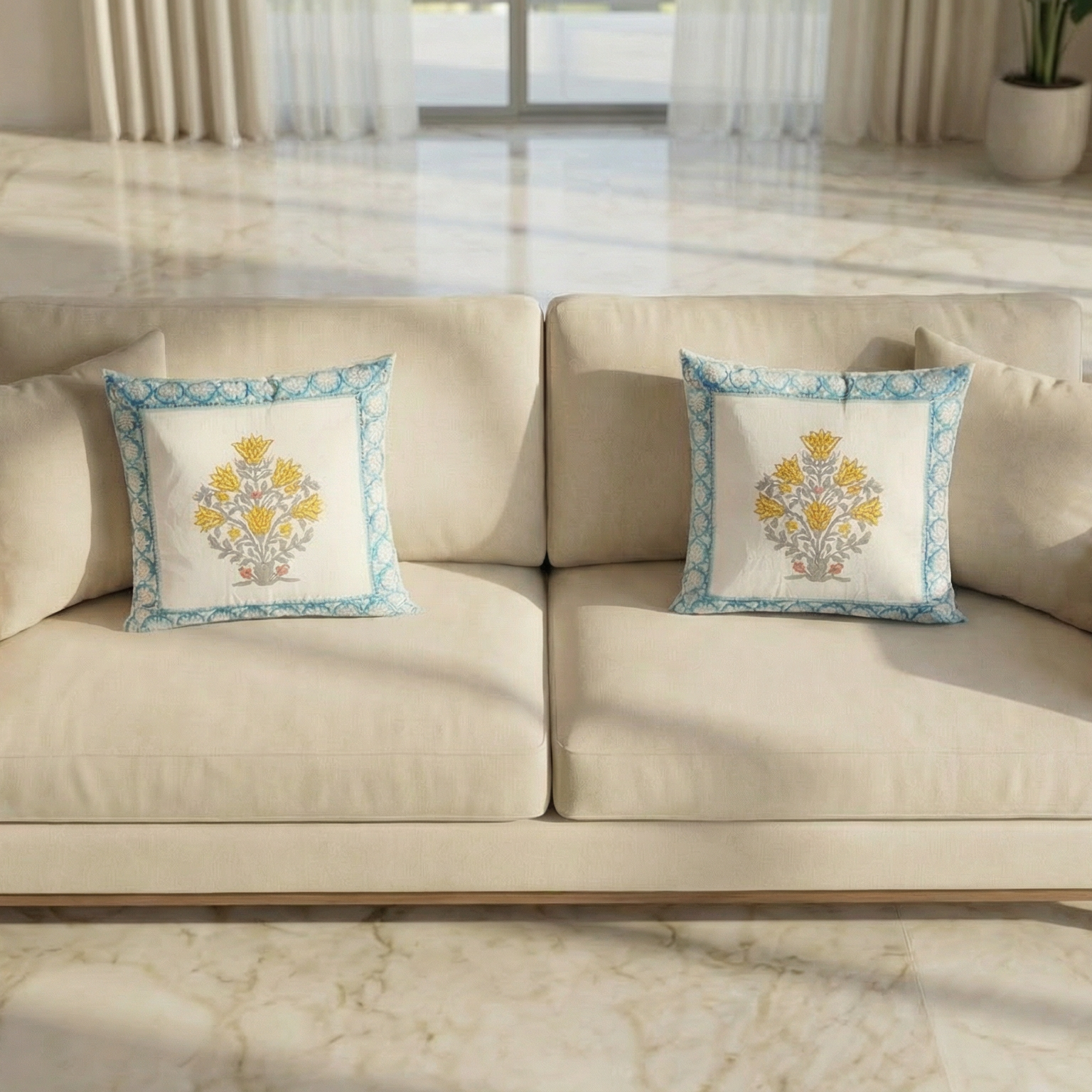 Golden Flora Hand Block Cushion Cover 5