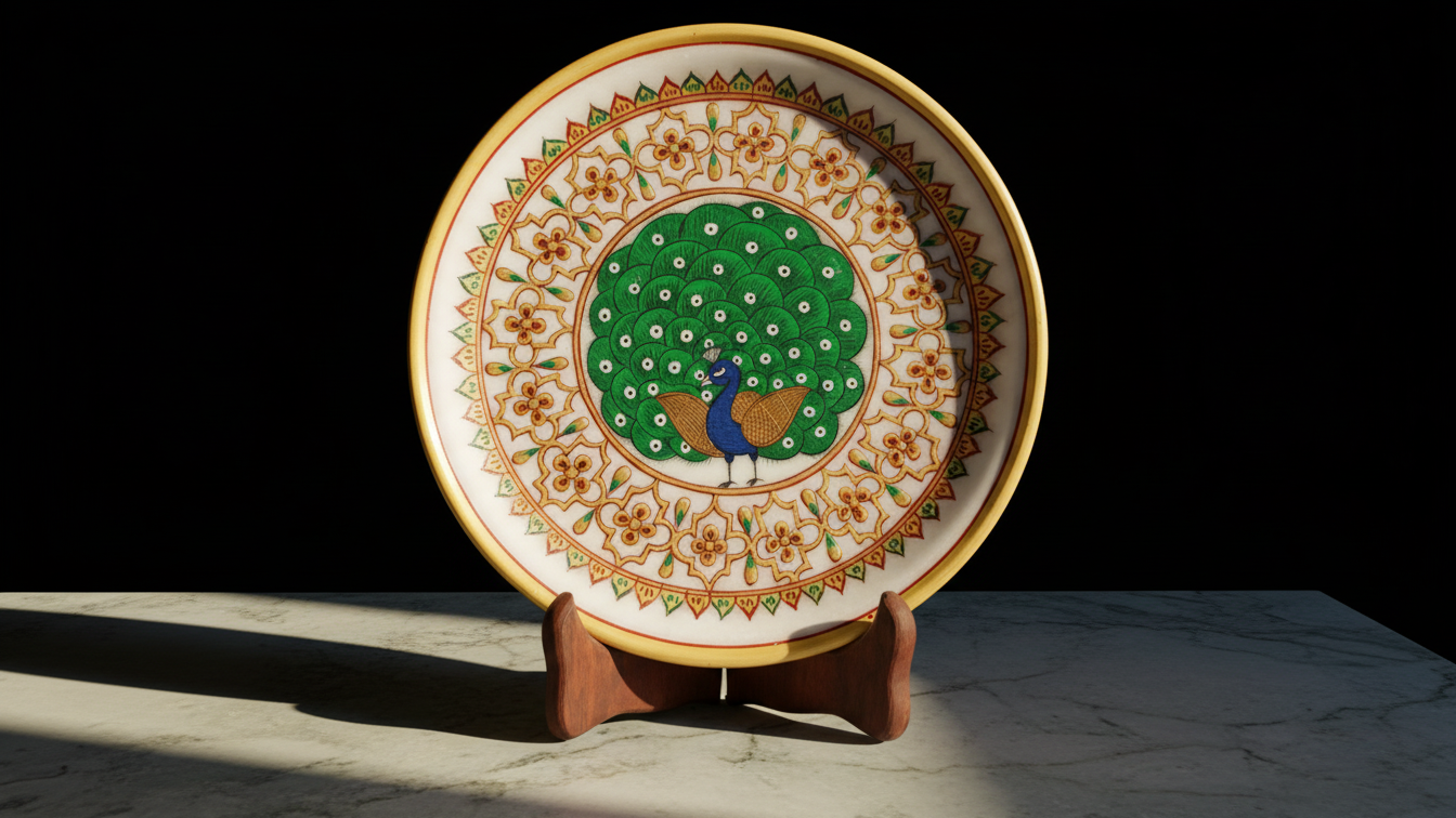 Marble Decorative Plate with Peacock Painting 3