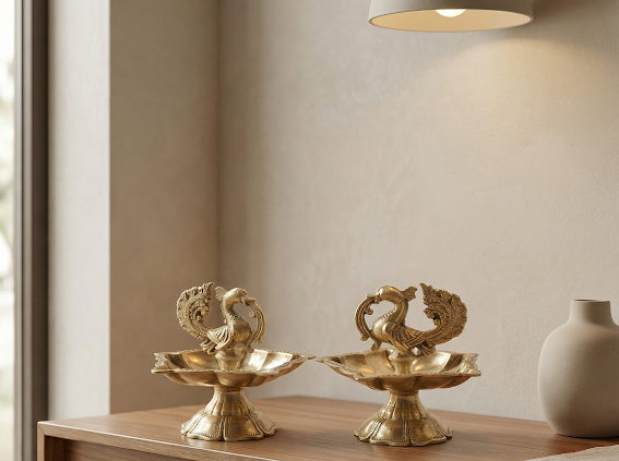 Brass Peacock Design Oil Diya / Deepam Pair