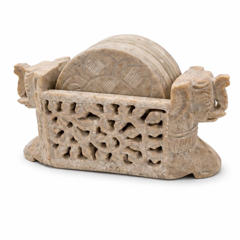  Hand-Carved Elephant Soapstone Coaster Set 2