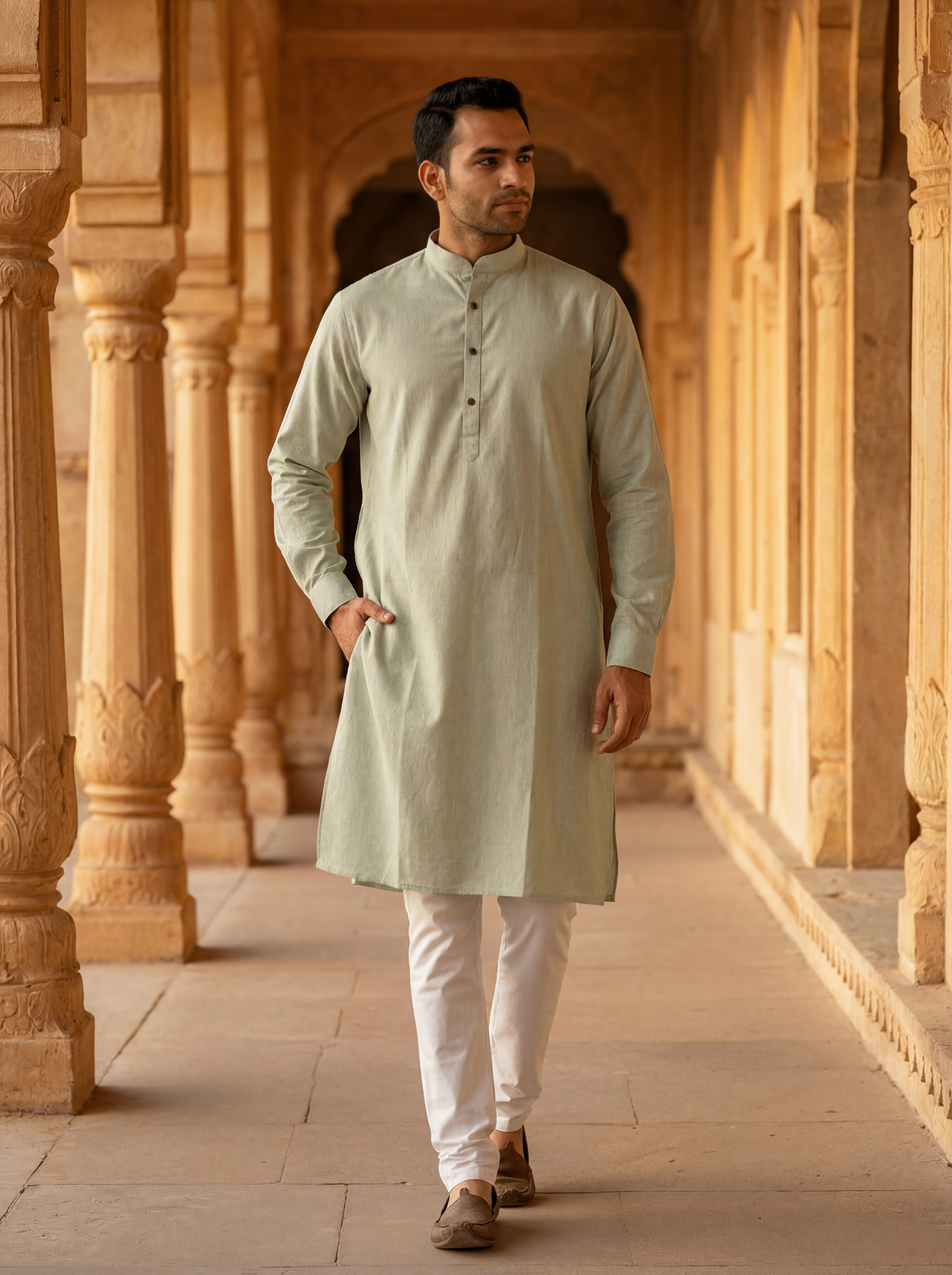 Men's Long Kurta- Yellow Tan   2