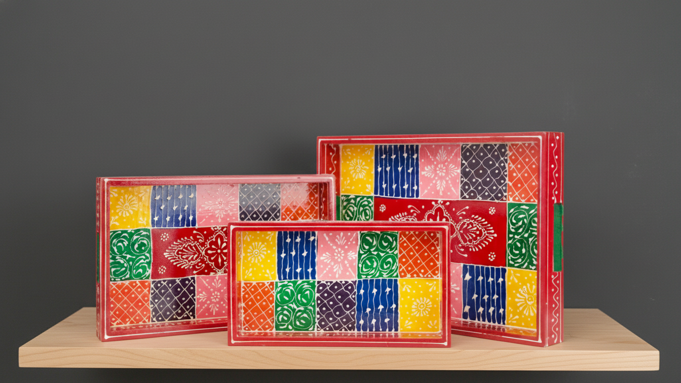 Hand-Painted Patchwork Wooden Tray Set- Red (Set of 3) 2