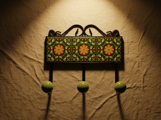 Handcrafted Green Floral Ceramic Tile  Wall Hook ( 3 Hooks )