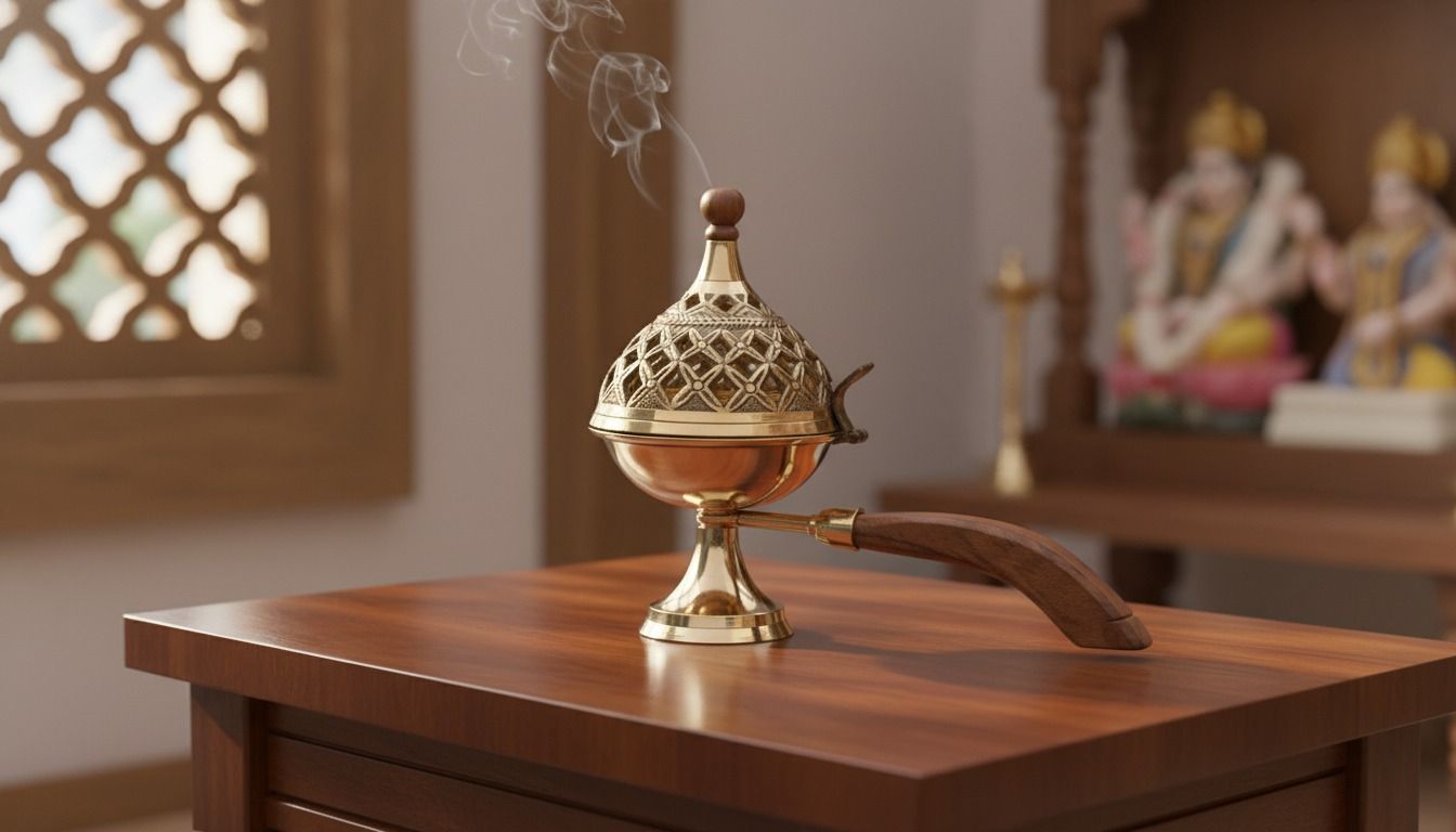 Brass Dhoop Dani / Incense Burner with Wooden Handle
