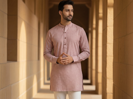 Men's Short Kurta- Warm Peach  2