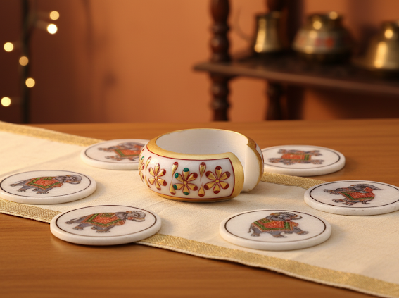 Hand-Painted Marble Elephant Tea Coaster Set with Holder 3