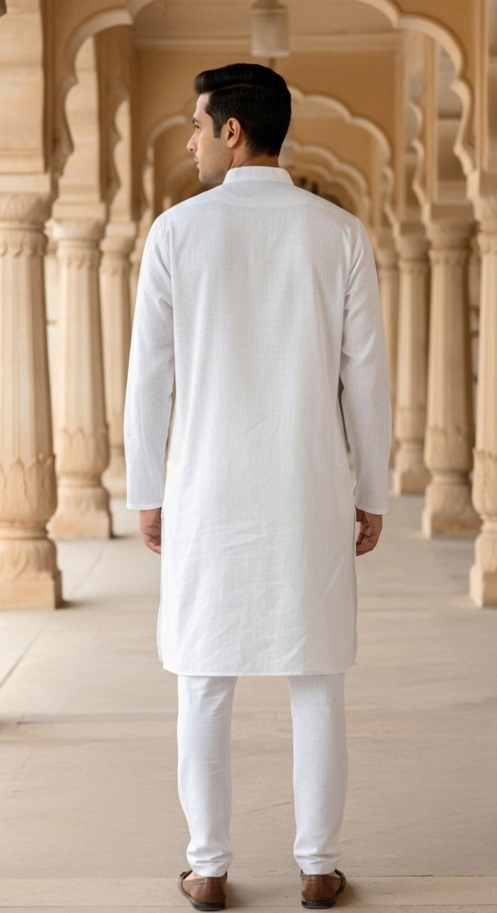 Men's Long Kurta- White  3