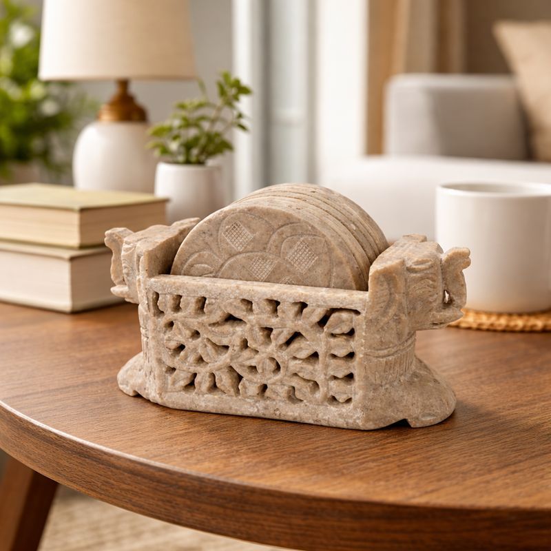  Hand-Carved Elephant Soapstone Coaster Set