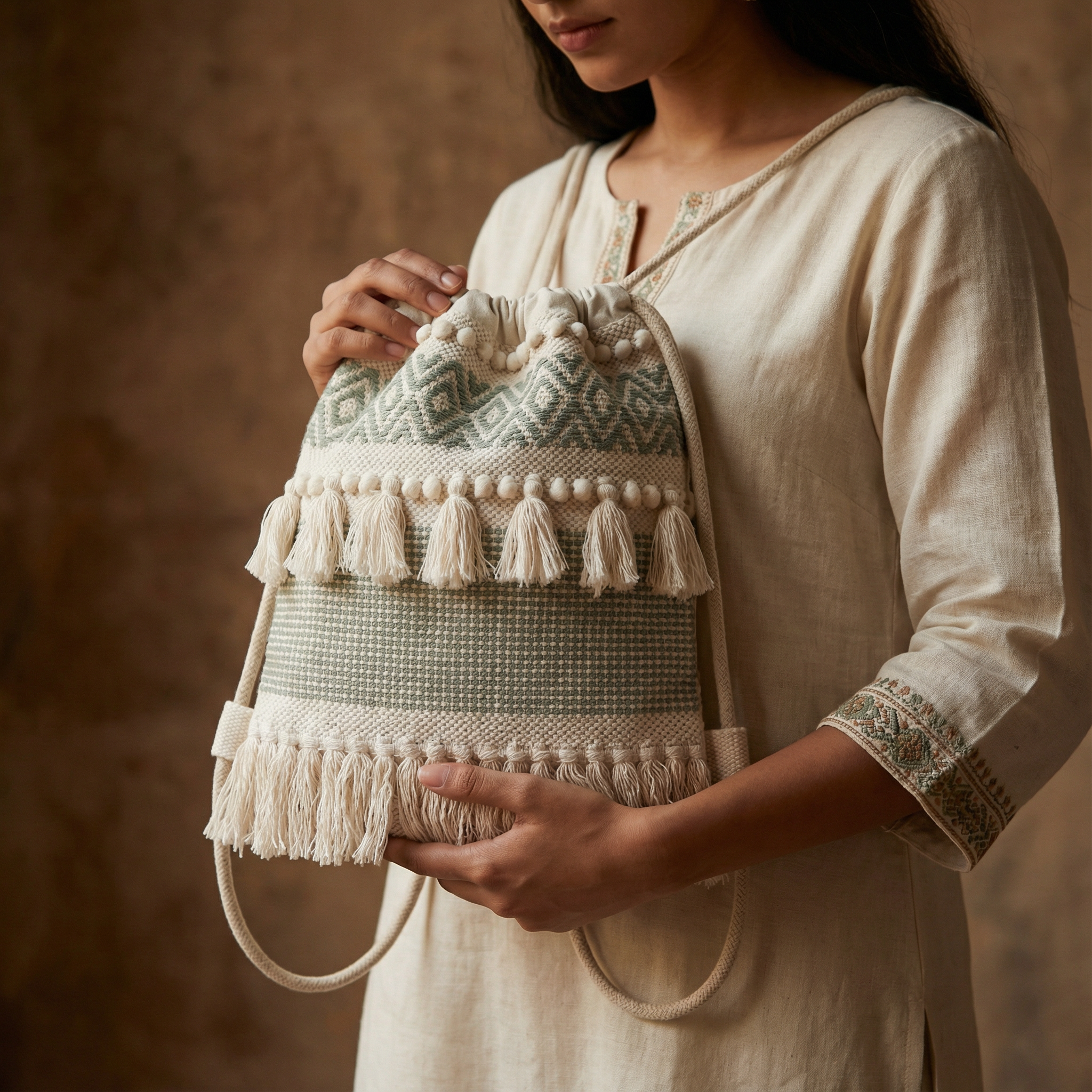 Sage Boho Fringe Backpack 2