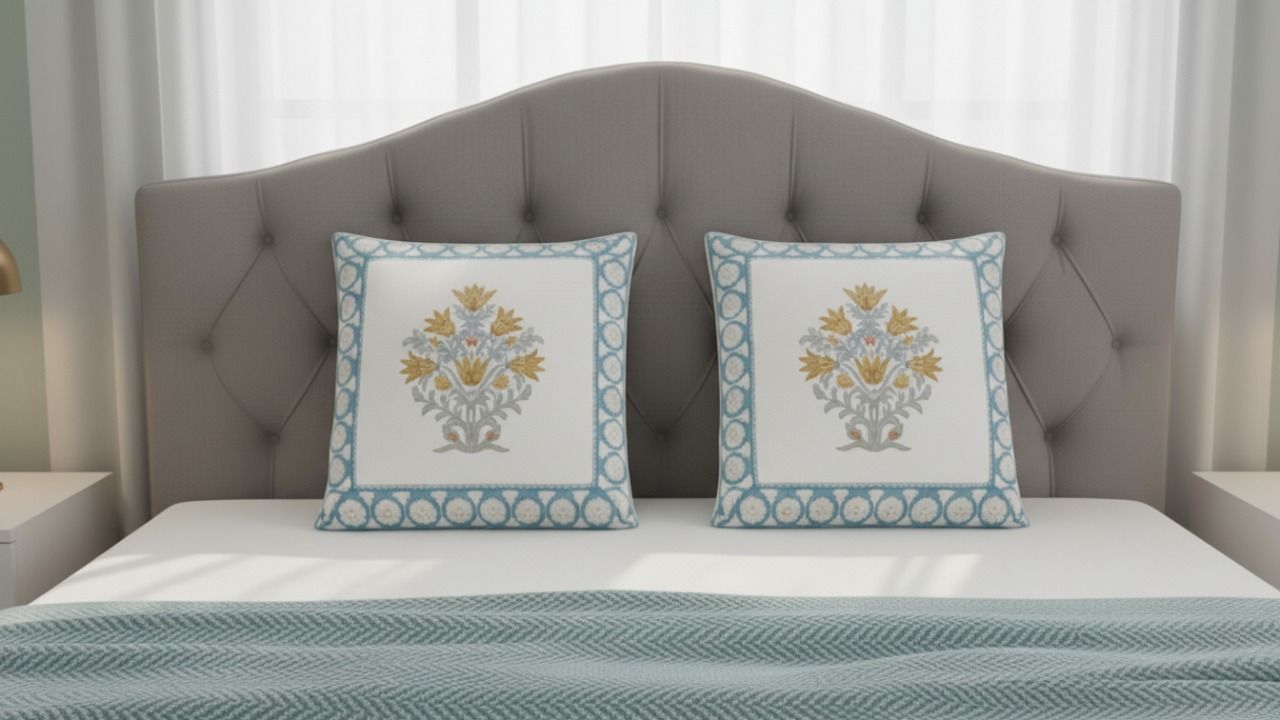 Golden Flora Hand Block Cushion Cover 2