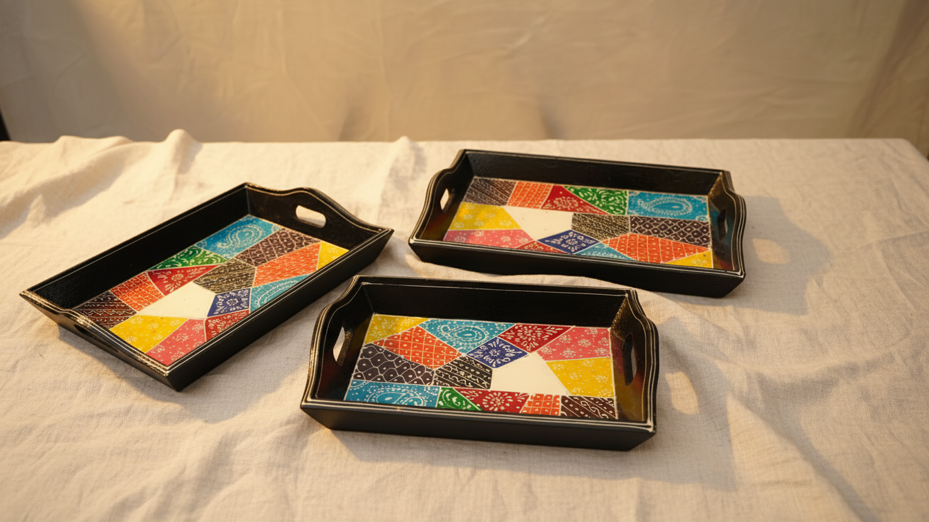  Hand-Painted Wooden Tray Set black (Set of 3) 2