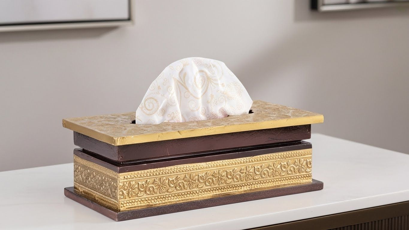 Golden Elegances Wooden Tissue Box