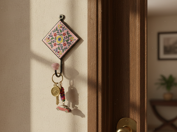 Handcrafted Pink Floral Ceramic Tile Wall Hook 2