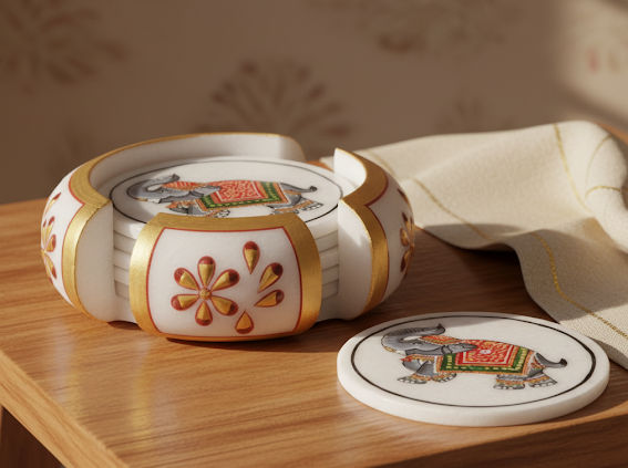 Hand-Painted Marble Elephant Tea Coaster Set with Holder 2