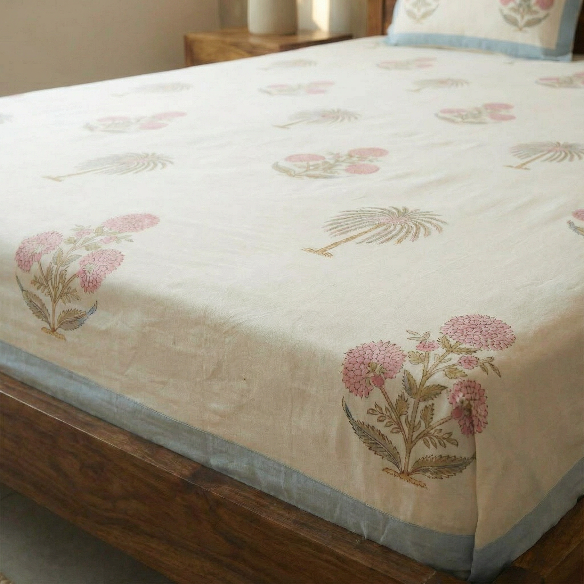 Blossom Palm Hand Block Bedsheet Set 4