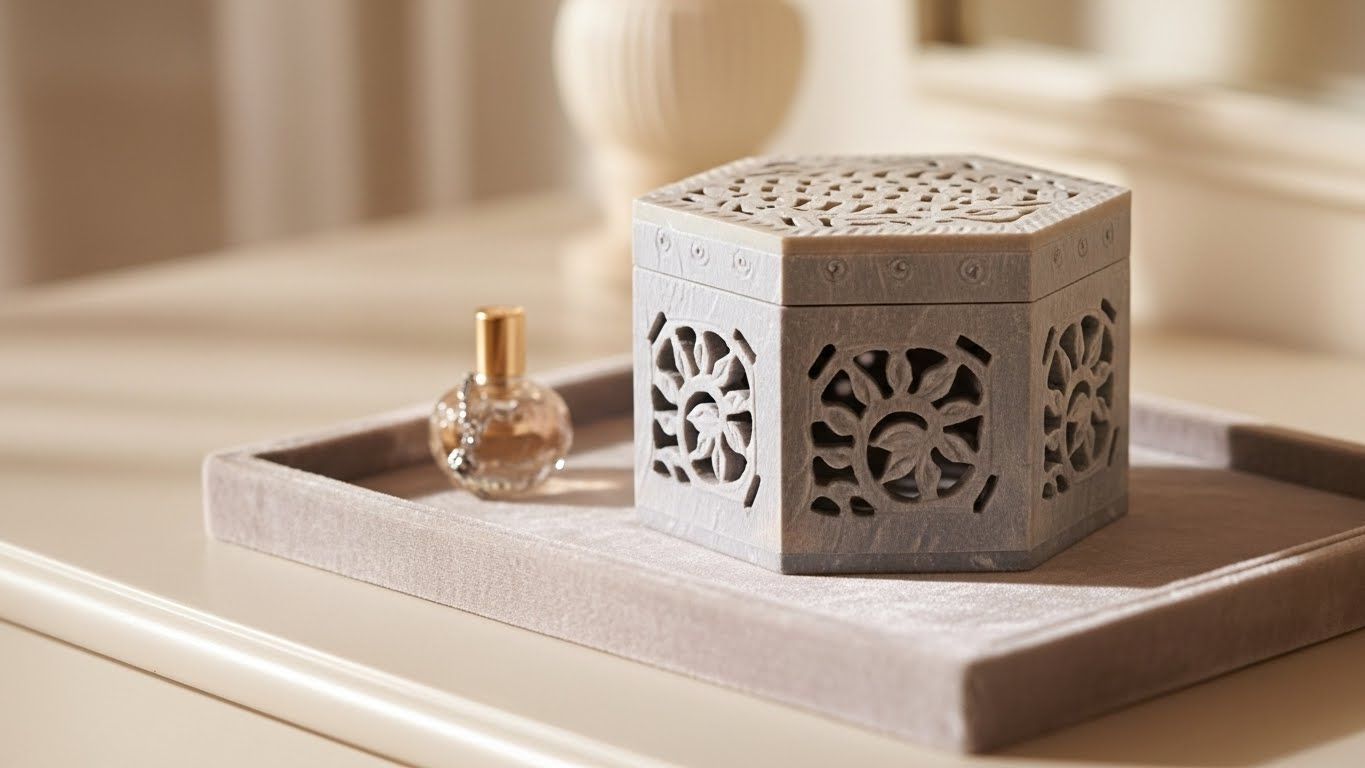 Hand-Carved Soapstone Hexagonal Jewellery Box 2