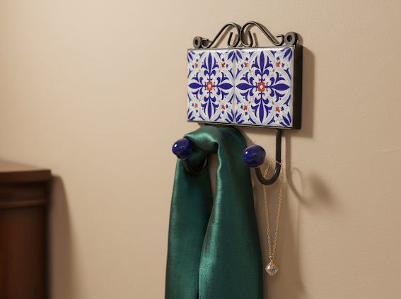 Handcrafted Blue floral Ceramic Tile Wall Hook 2