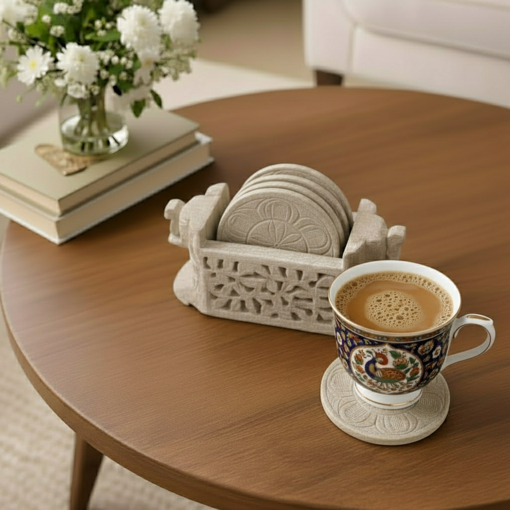  Hand-Carved Elephant Soapstone Coaster Set 5