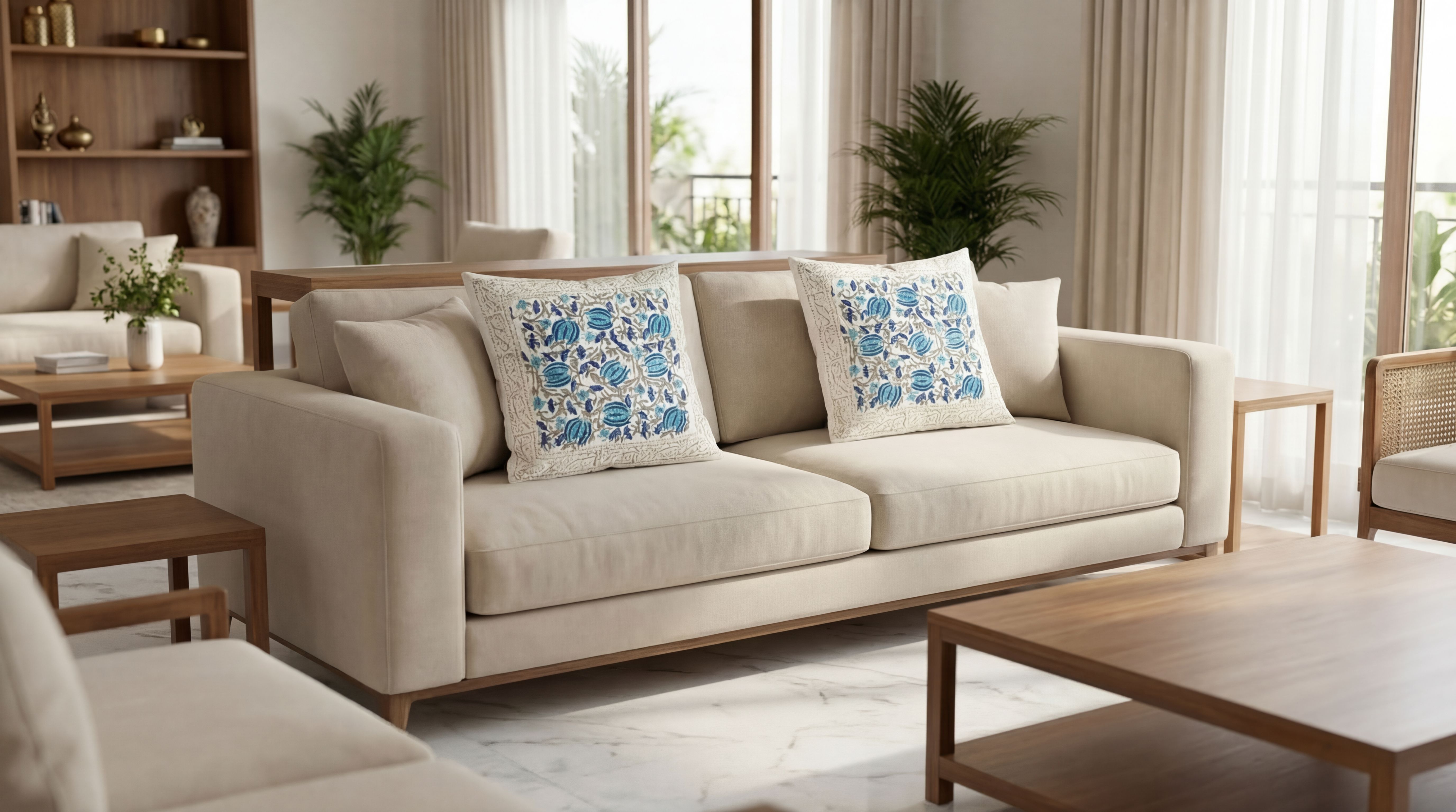 Azure Blossom Hand Block Cushion Cover 2