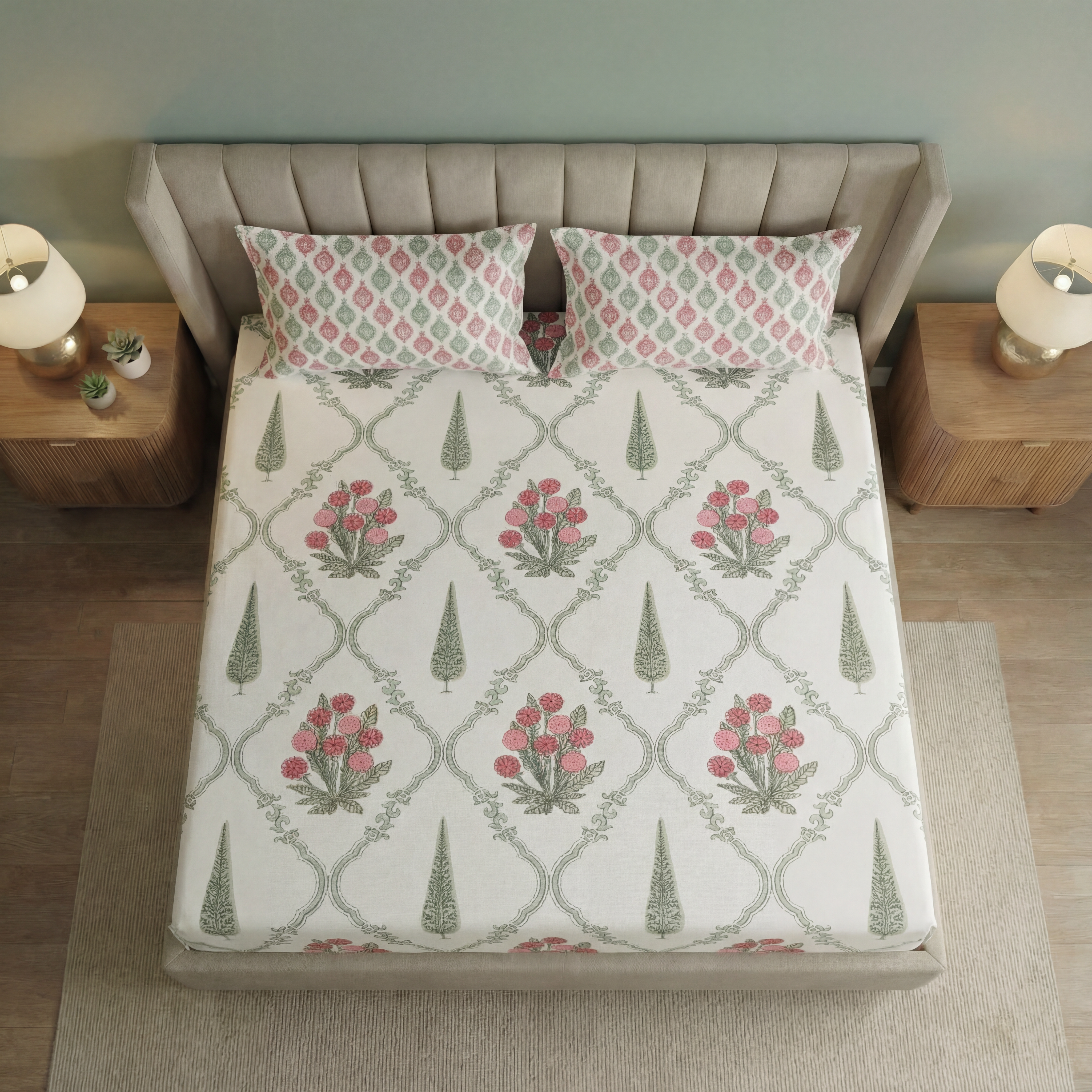 Garden Bliss Hand Block Bedsheet Set 3
