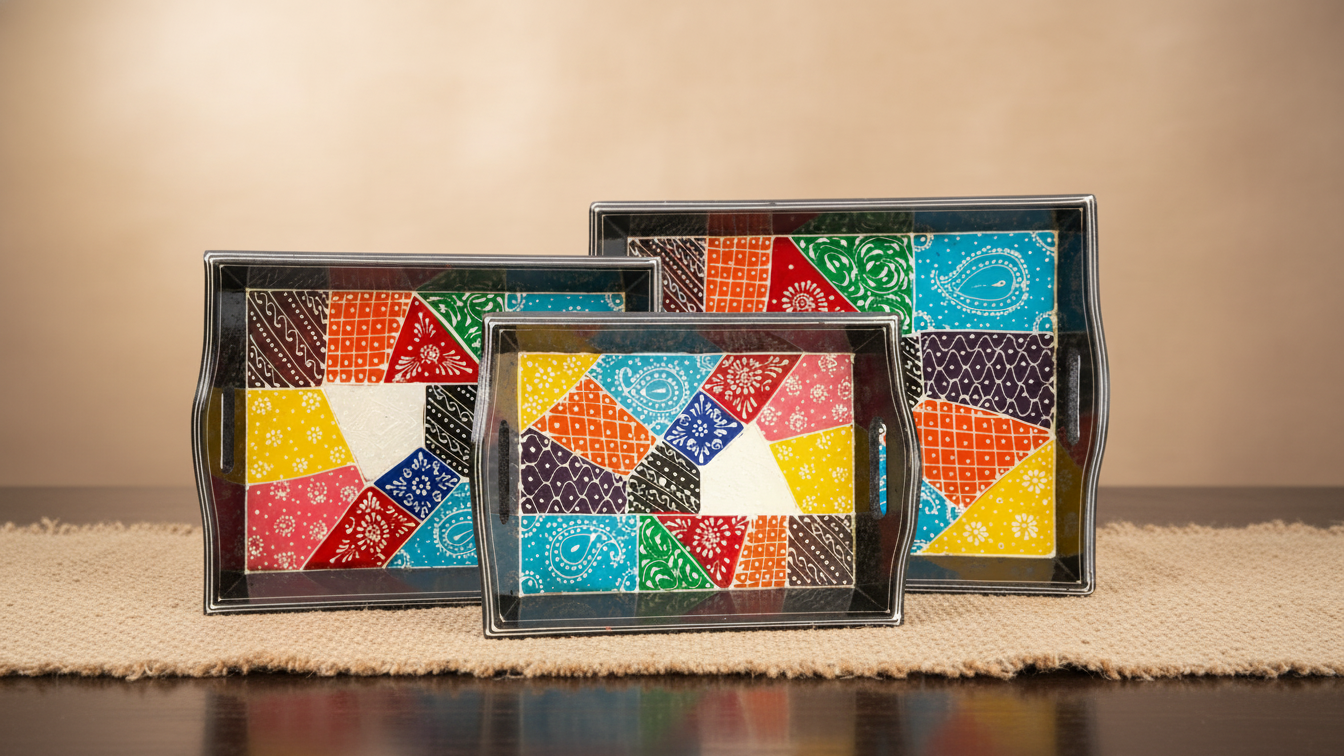 Hand-Painted Wooden Tray Set black (Set of 3)