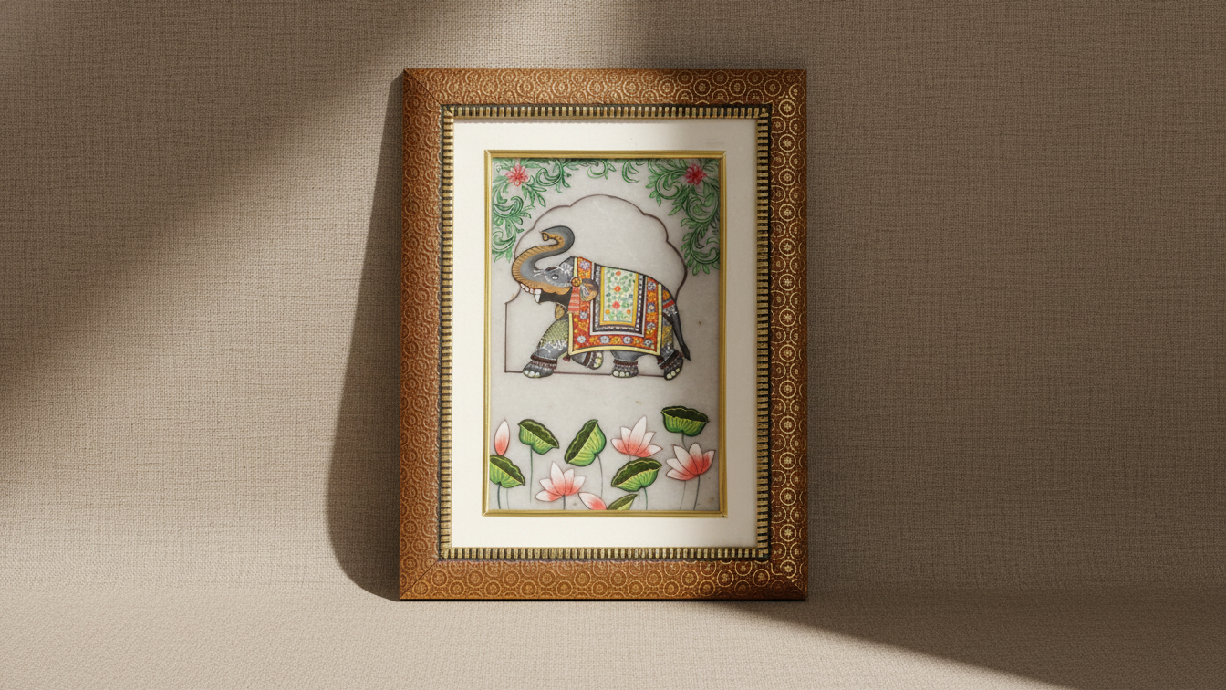 Royal Elephant Miniature Painting on Marble -Framed Art work 3