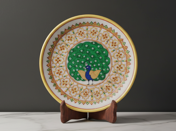 Marble Decorative Plate with Peacock Painting
