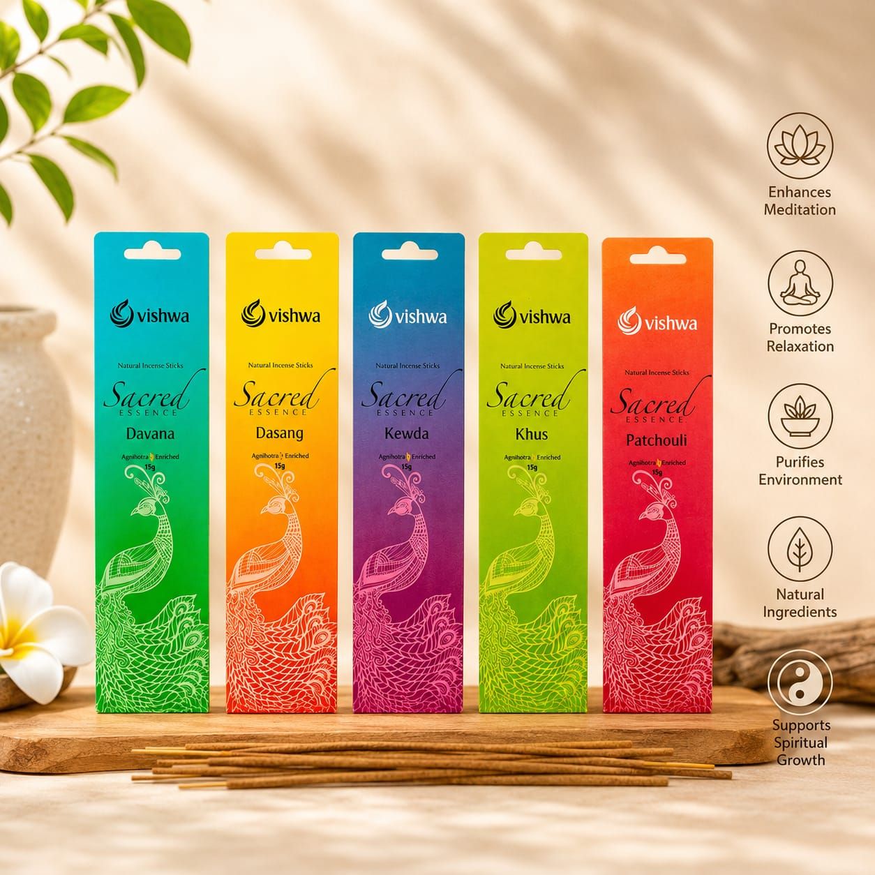 Premium Incense Sticks Bundle - Sacred Essence - (Davana + Dasang + Kewda + Khus + Patchouli) 2