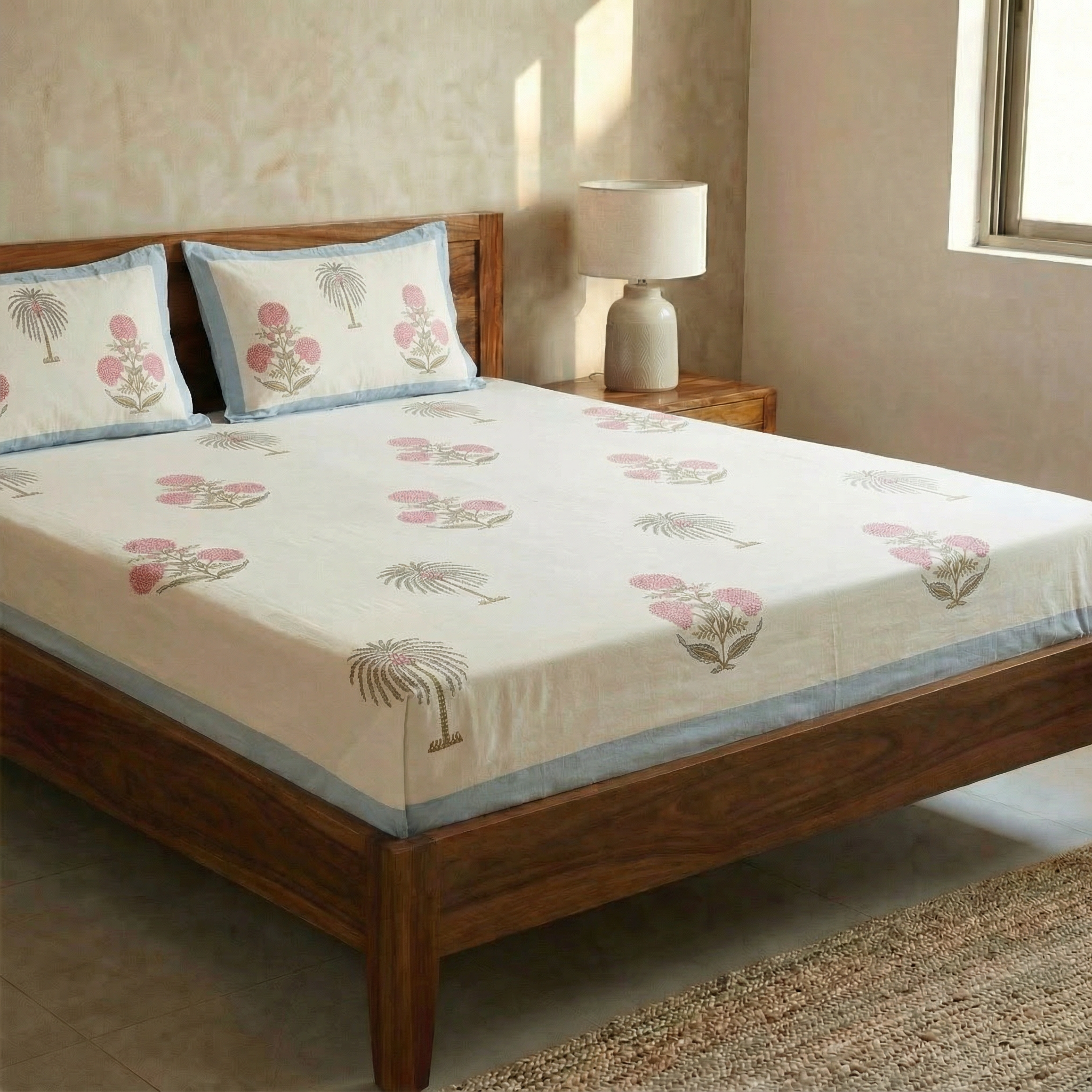 Blossom Palm Hand Block Bedsheet Set