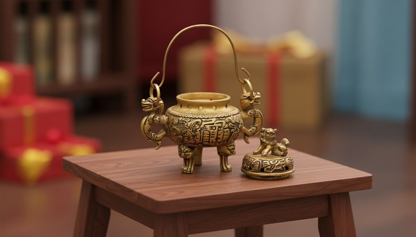Antique Brass Feng Shui Incense Burner with Dragon Handles 6