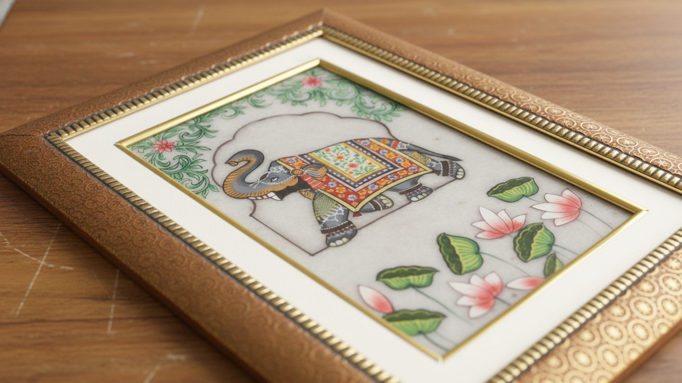 Royal Elephant Miniature Painting on Marble -Framed Art work 5