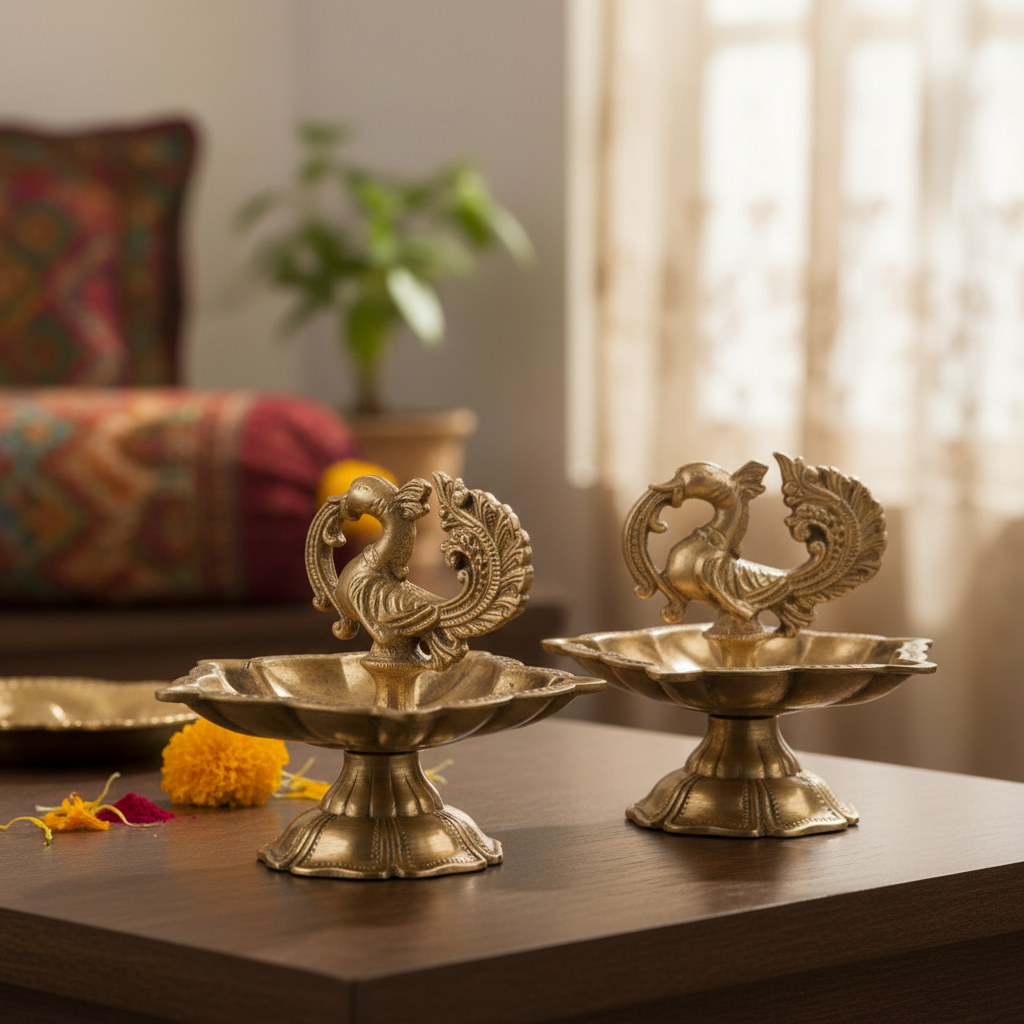 Brass Peacock Design Oil Diya / Deepam Pair 2