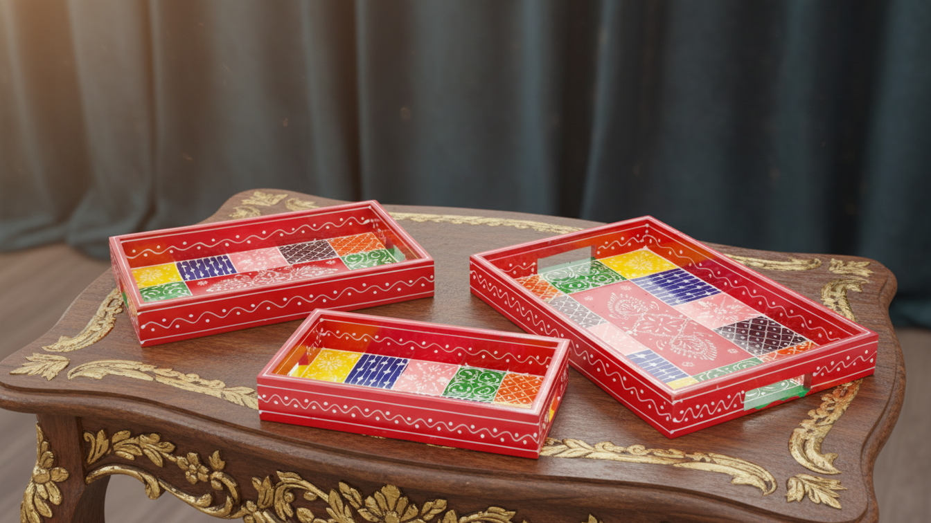 Hand-Painted Patchwork Wooden Tray Set- Red (Set of 3) 4