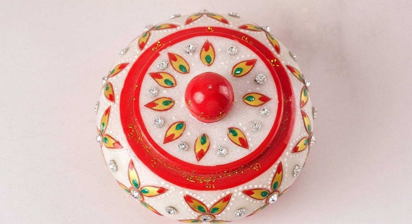 Marble Meenakari Sindhoor Dibbi with Kundan Work ( Large )  2