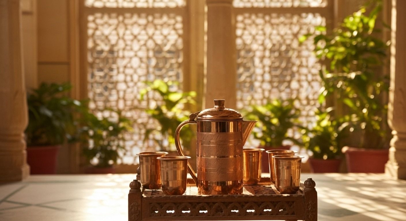 Copper Jug Set with 6 Glass