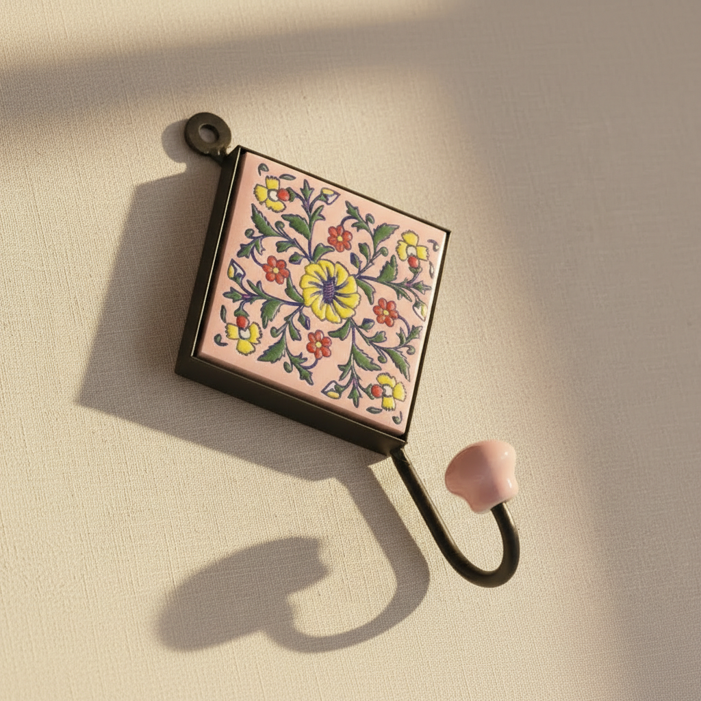 Handcrafted Pink Floral Ceramic Tile Wall Hook